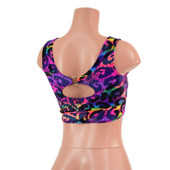 Rainbow Leopard High Or Low Reversible Cutout Oring Mini Crop - Coquetry Clothing