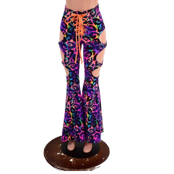 Rainbow Leopard High Waist Solar Flares with Laceup and Oring Cutouts - Coquetry Clothing