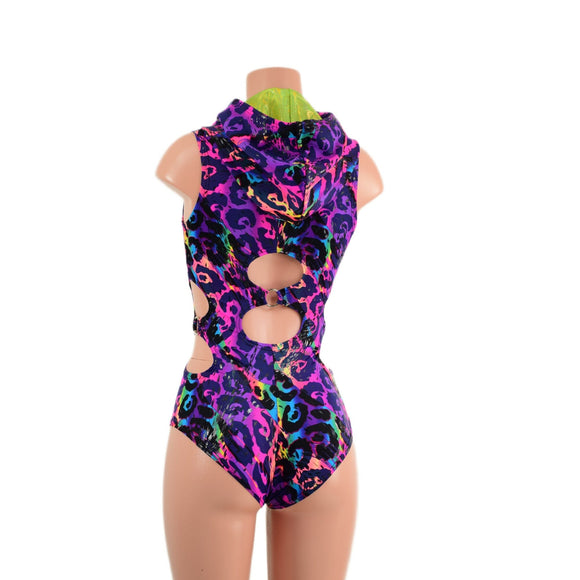 Rainbow Leopard Hooded O - Ring Romper with Siren Cut Leg - Coquetry Clothing