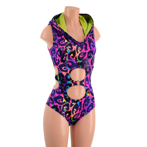 Rainbow Leopard Hooded O - Ring Romper with Siren Cut Leg - Coquetry Clothing