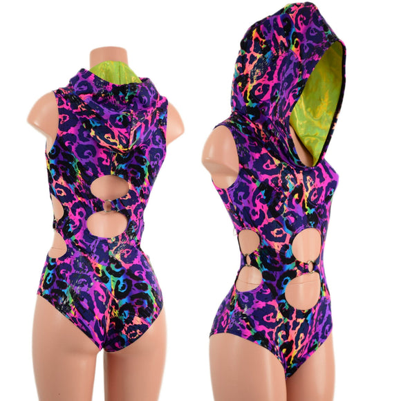 Rainbow Leopard Hooded O - Ring Romper with Siren Cut Leg - Coquetry Clothing