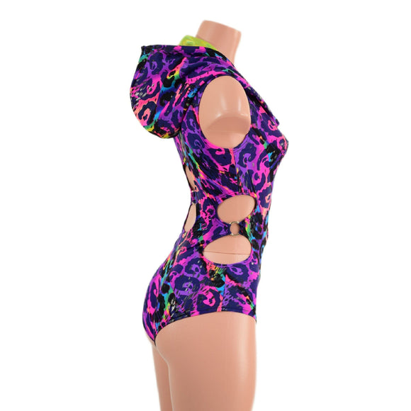 Rainbow Leopard Hooded O - Ring Romper with Siren Cut Leg - Coquetry Clothing