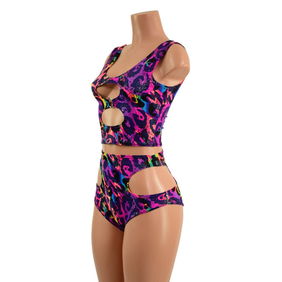 Rainbow Leopard O - Ring Tank Top and Hipnotic High Waist Siren Shorts Set - Coquetry Clothing