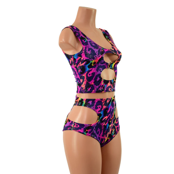 Rainbow Leopard O - Ring Tank Top and Hipnotic High Waist Siren Shorts Set - Coquetry Clothing
