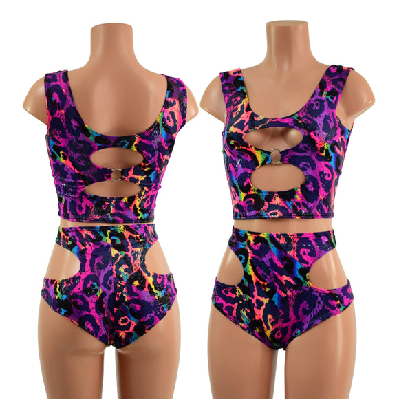 Rainbow Leopard O - Ring Tank Top and Hipnotic High Waist Siren Shorts Set - Coquetry Clothing