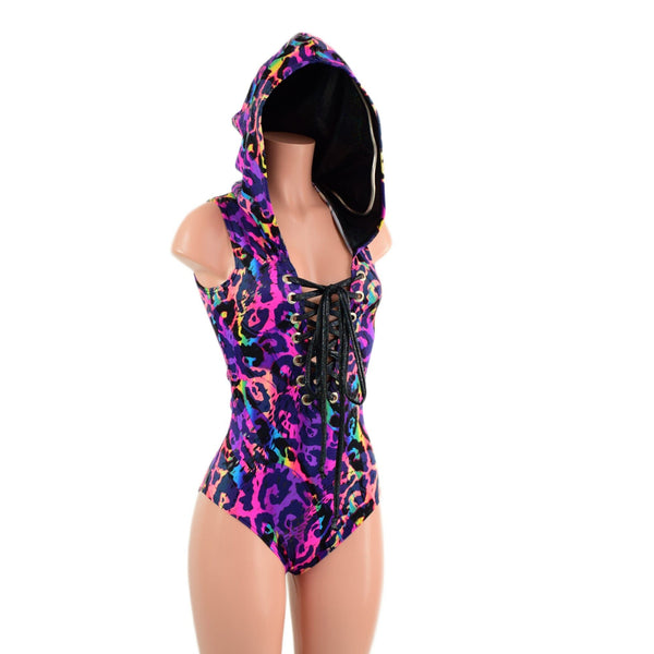 Rainbow Leopard Sleeveless Hoodie Romper with Plunging Laceup Neckline - 4