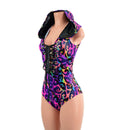 Rainbow Leopard Sleeveless Hoodie Romper with Plunging Laceup Neckline - Coquetry Clothing