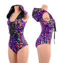 Rainbow Leopard Sleeveless Hoodie Romper with Plunging Laceup Neckline - 1