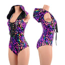 Rainbow Leopard Sleeveless Hoodie Romper with Plunging Laceup Neckline - Coquetry Clothing