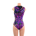 Rainbow Leopard Sleeveless Hoodie Romper with Plunging Laceup Neckline - 2