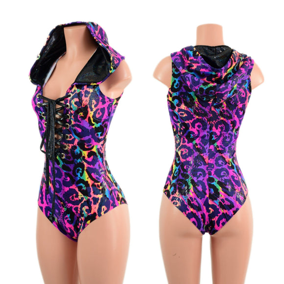 Rainbow Leopard Sleeveless Hoodie Romper with Plunging Laceup Neckline - Coquetry Clothing