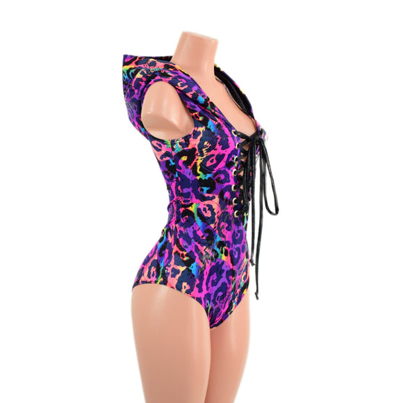 Rainbow Leopard Sleeveless Hoodie Romper with Plunging Laceup Neckline - Coquetry Clothing