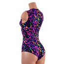 Rainbow Leopard Sleeveless Romper with Plunging Laceup Neckline - Coquetry Clothing