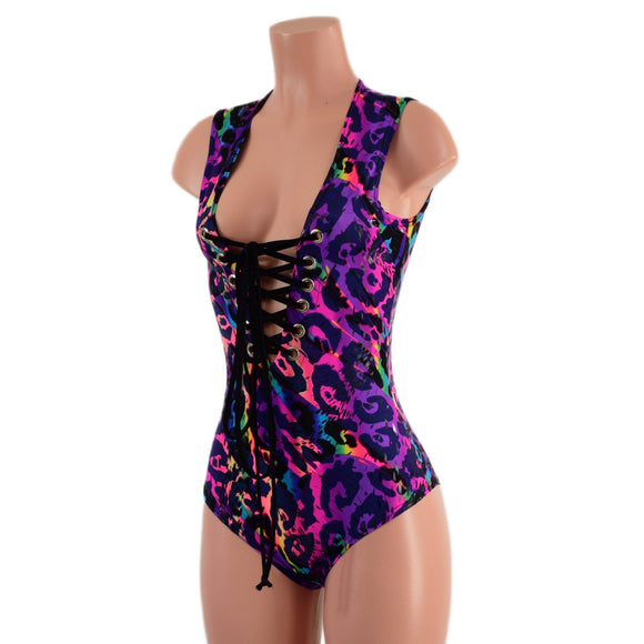 Rainbow Leopard Sleeveless Romper with Plunging Laceup Neckline - Coquetry Clothing