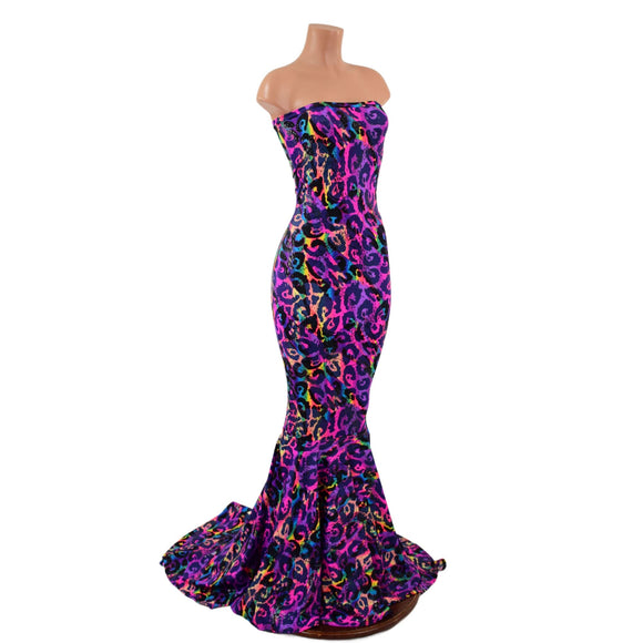 Rainbow Leopard Strapless Gown with Puddle Train - Coquetry Clothing