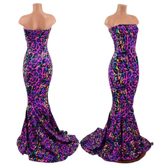 Rainbow Leopard Strapless Gown with Puddle Train - Coquetry Clothing