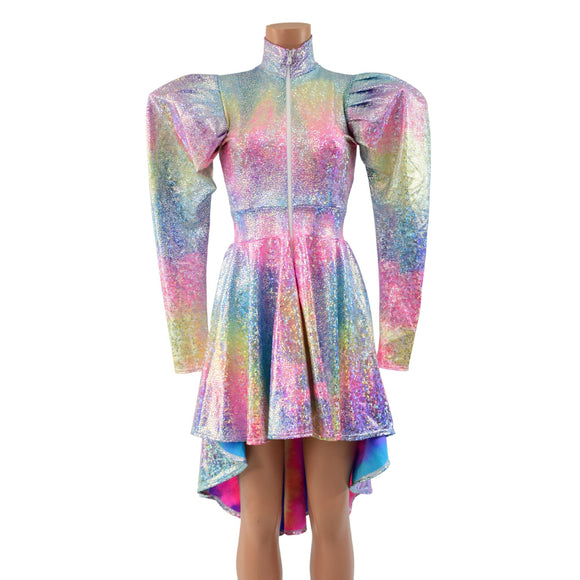 Rainbow Shattered Glass Hi Lo Dress with Full Separating Front Zipper - Coquetry Clothing