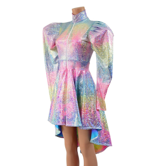 Rainbow Shattered Glass Hi Lo Dress with Full Separating Front Zipper - Coquetry Clothing