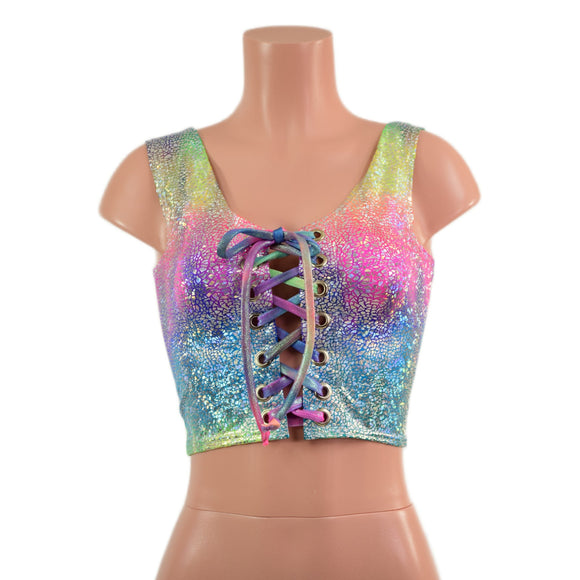 Rainbow Shattered Glass Laceup Crop Tank - Coquetry Clothing