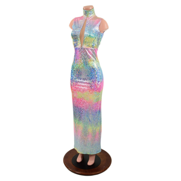 Rainbow Shattered Glass Pencil Gown with Inset Mesh Keyhole - Coquetry Clothing