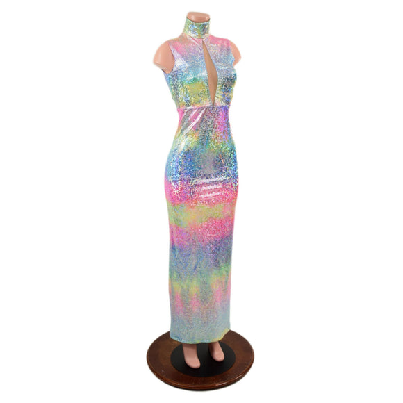Rainbow Shattered Glass Pencil Gown with Inset Mesh Keyhole - Coquetry Clothing