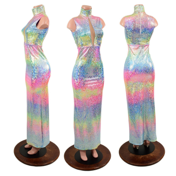 Rainbow Shattered Glass Pencil Gown with Inset Mesh Keyhole - Coquetry Clothing