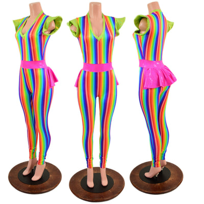 Rainbow Stripe Flip Sleeve Catsuit with Ruffle Rump - Coquetry Clothing