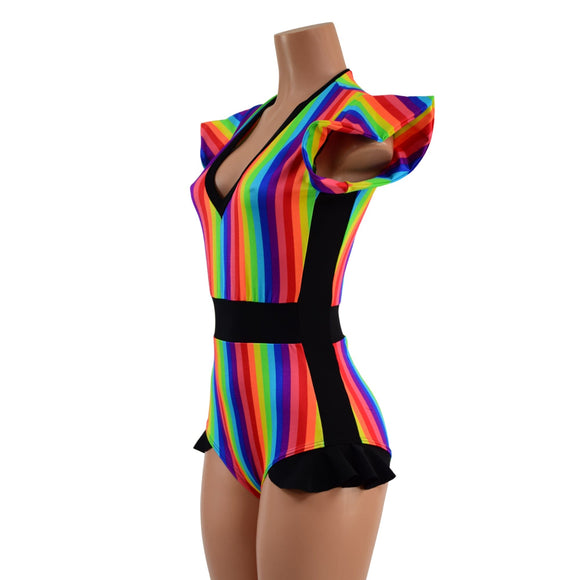 Rainbow Stripe Flip Sleeve Paneled Romper - Coquetry Clothing