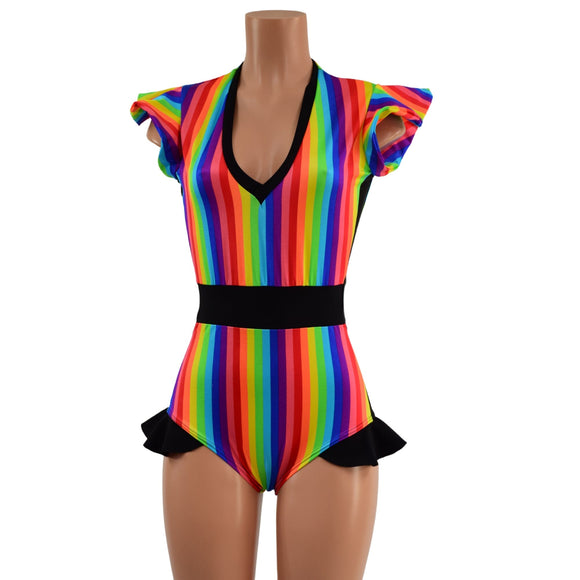 Rainbow Stripe Flip Sleeve Paneled Romper - Coquetry Clothing