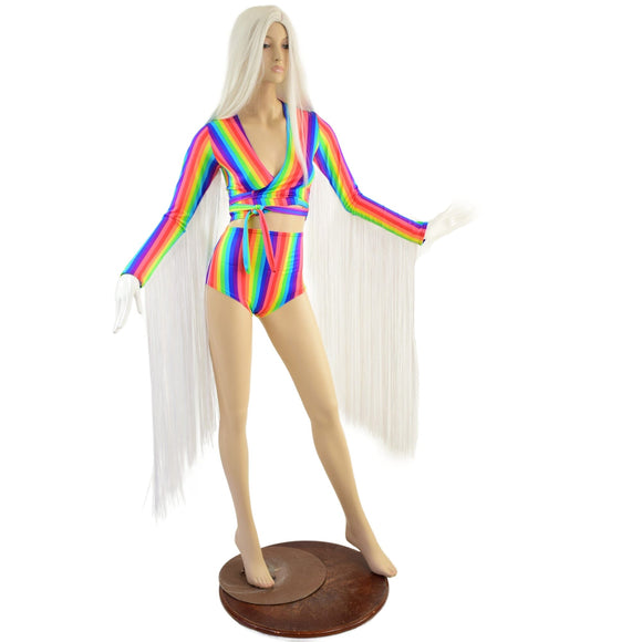 Rainbow Wrap and Tie Crop Top with 30" Fringe & Siren Shorts - Coquetry Clothing