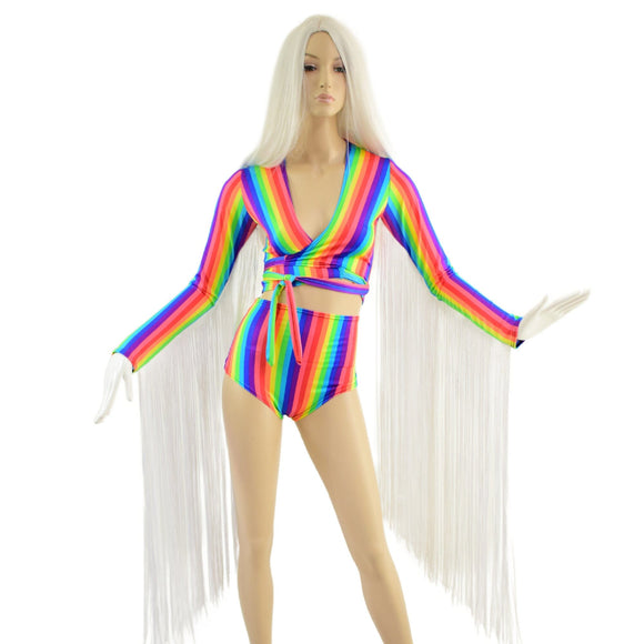 Rainbow Wrap and Tie Crop Top with 30" Fringe & Siren Shorts - Coquetry Clothing