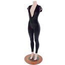 READY to SHIP Black Velvet Catsuit with Black Mystique Side Panels and Plunging V Neckline - Coquetry Clothing