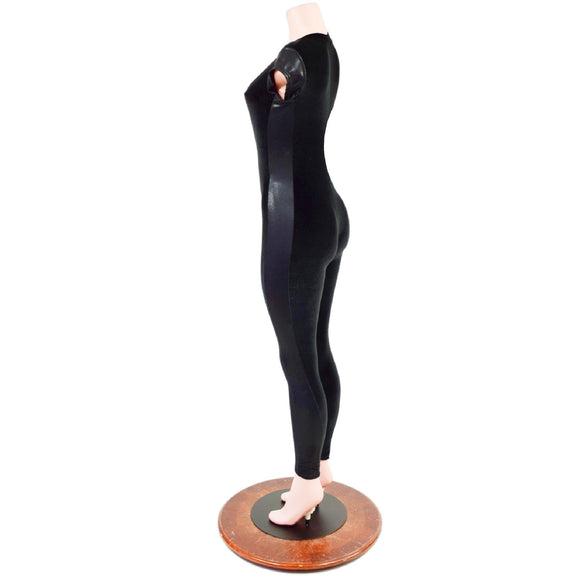 READY to SHIP Black Velvet Catsuit with Black Mystique Side Panels and Plunging V Neckline - Coquetry Clothing