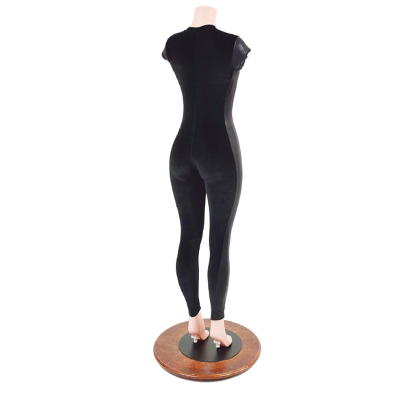 READY to SHIP Black Velvet Catsuit with Black Mystique Side Panels and Plunging V Neckline - Coquetry Clothing