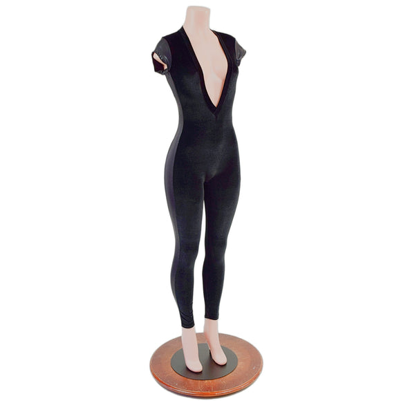 READY to SHIP Black Velvet Catsuit with Black Mystique Side Panels and Plunging V Neckline - Coquetry Clothing