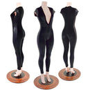 READY to SHIP Black Velvet Catsuit with Black Mystique Side Panels and Plunging V Neckline - Coquetry Clothing