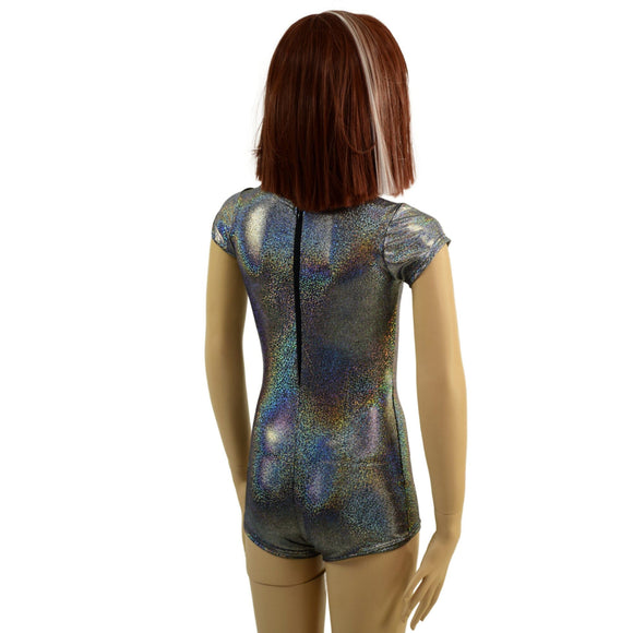 Ready to Ship Girls Silver Holographic Romper with Plunging Mesh Inset Neckline 8 - Coquetry Clothing