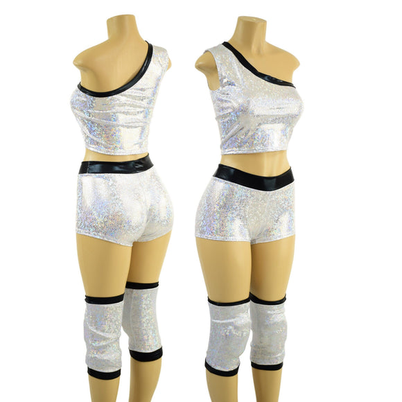 Ready to Ship Mens or Womens Silver on White Shattered Glassand Black Wrestling Knee Pad Covers Small/Medium - Coquetry Clothing