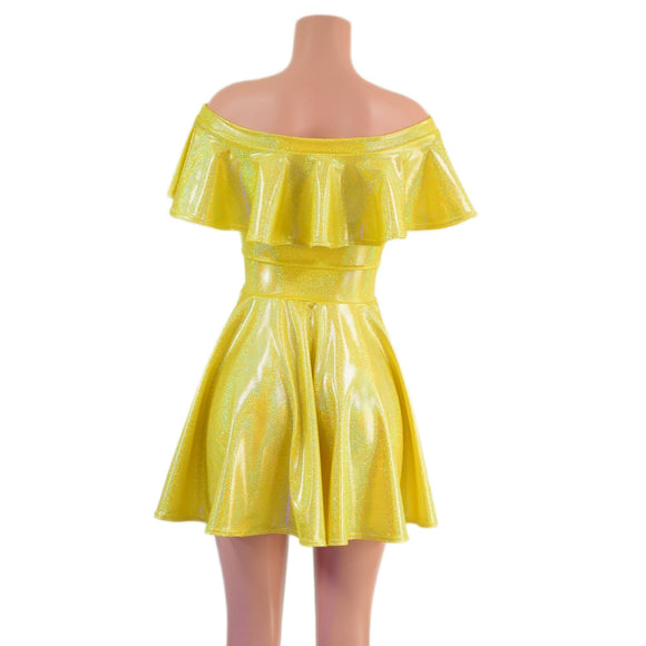 Ready to Ship Off Shoulder Belle Skater Dress with Ruffle in Yellow Sparkly Jewel XS - Coquetry Clothing