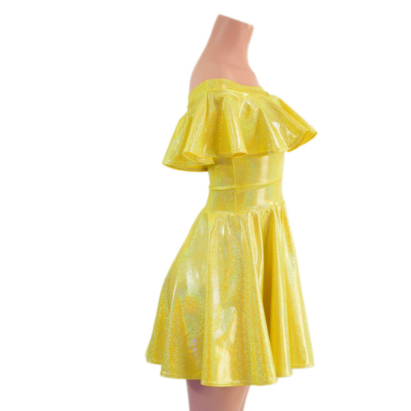 Ready to Ship Off Shoulder Belle Skater Dress with Ruffle in Yellow Sparkly Jewel XS - Coquetry Clothing
