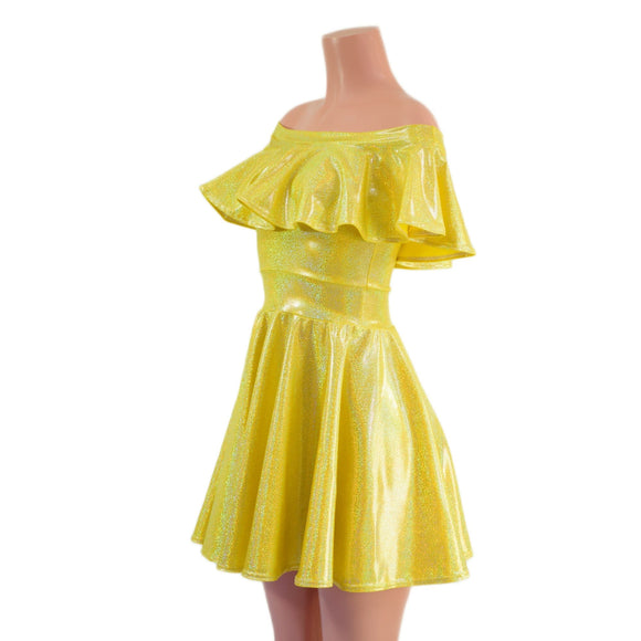 Ready to Ship Off Shoulder Belle Skater Dress with Ruffle in Yellow Sparkly Jewel XS - Coquetry Clothing