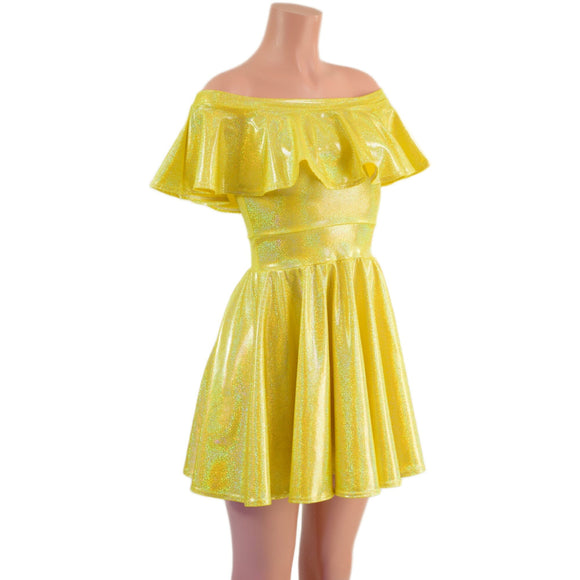 Ready to Ship Off Shoulder Belle Skater Dress with Ruffle in Yellow Sparkly Jewel XS - Coquetry Clothing