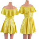 Ready to Ship Off Shoulder Belle Skater Dress with Ruffle in Yellow Sparkly Jewel XS - Coquetry Clothing