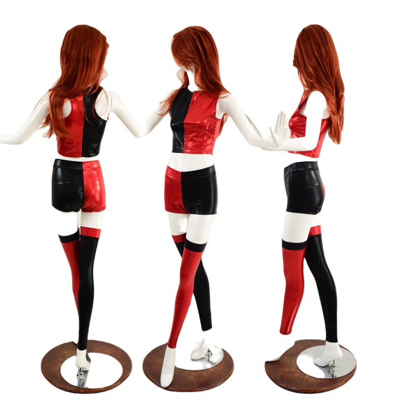 Red and Black Harlequin High Waist Shorts & Crop Set with Leg Warmers - Coquetry Clothing