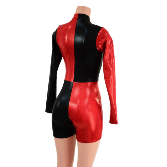 Red and Black Harlequin Romper with White Diamonds - Coquetry Clothing