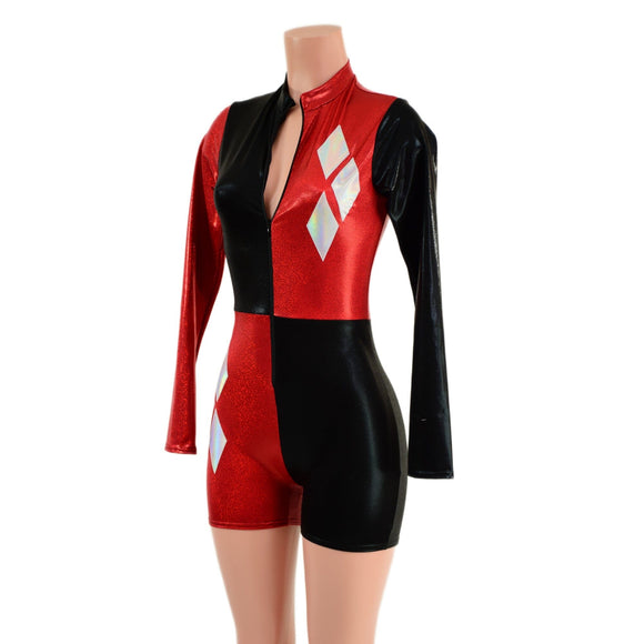 Red and Black Harlequin Romper with White Diamonds - Coquetry Clothing