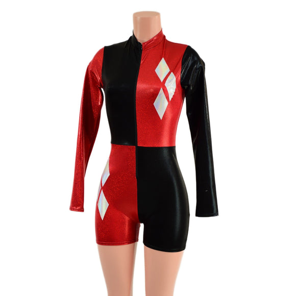 Red and Black Harlequin Romper with White Diamonds - Coquetry Clothing
