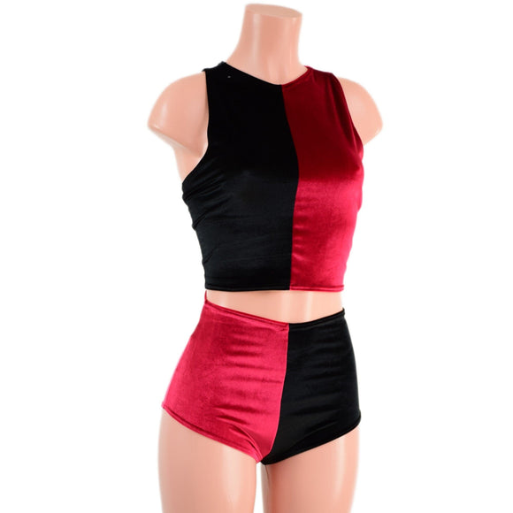 Red and Black Velvet Harlequin Siren Shorts & Crop Set - Coquetry Clothing