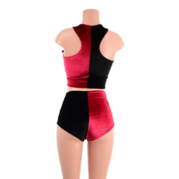 Red and Black Velvet Harlequin Siren Shorts & Crop Set - Coquetry Clothing