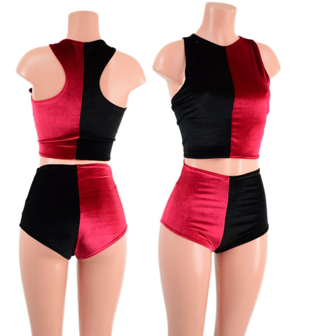 Red and Black Velvet Harlequin Siren Shorts & Crop Set Coquetry Clothing 
